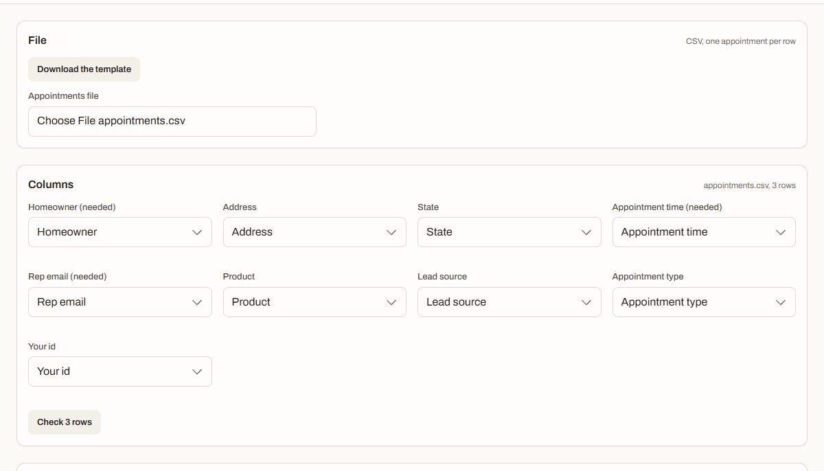 Importing appointments from a CSV: each column matched to a TrueSit field.