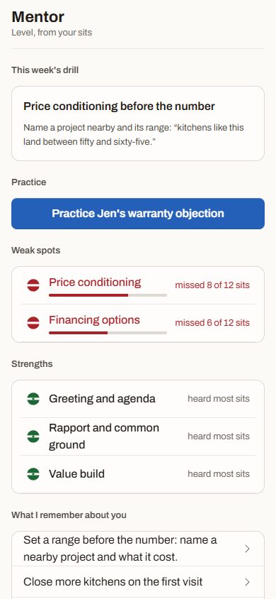Mentor on the phone: the week’s drill, the weak spots and the strengths.