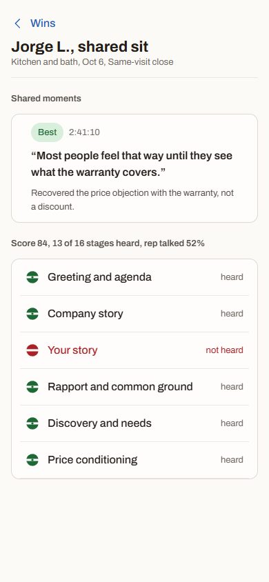 A teammate’s shared sit on the phone: the moments they shared and the scorecard, without the homeowner.